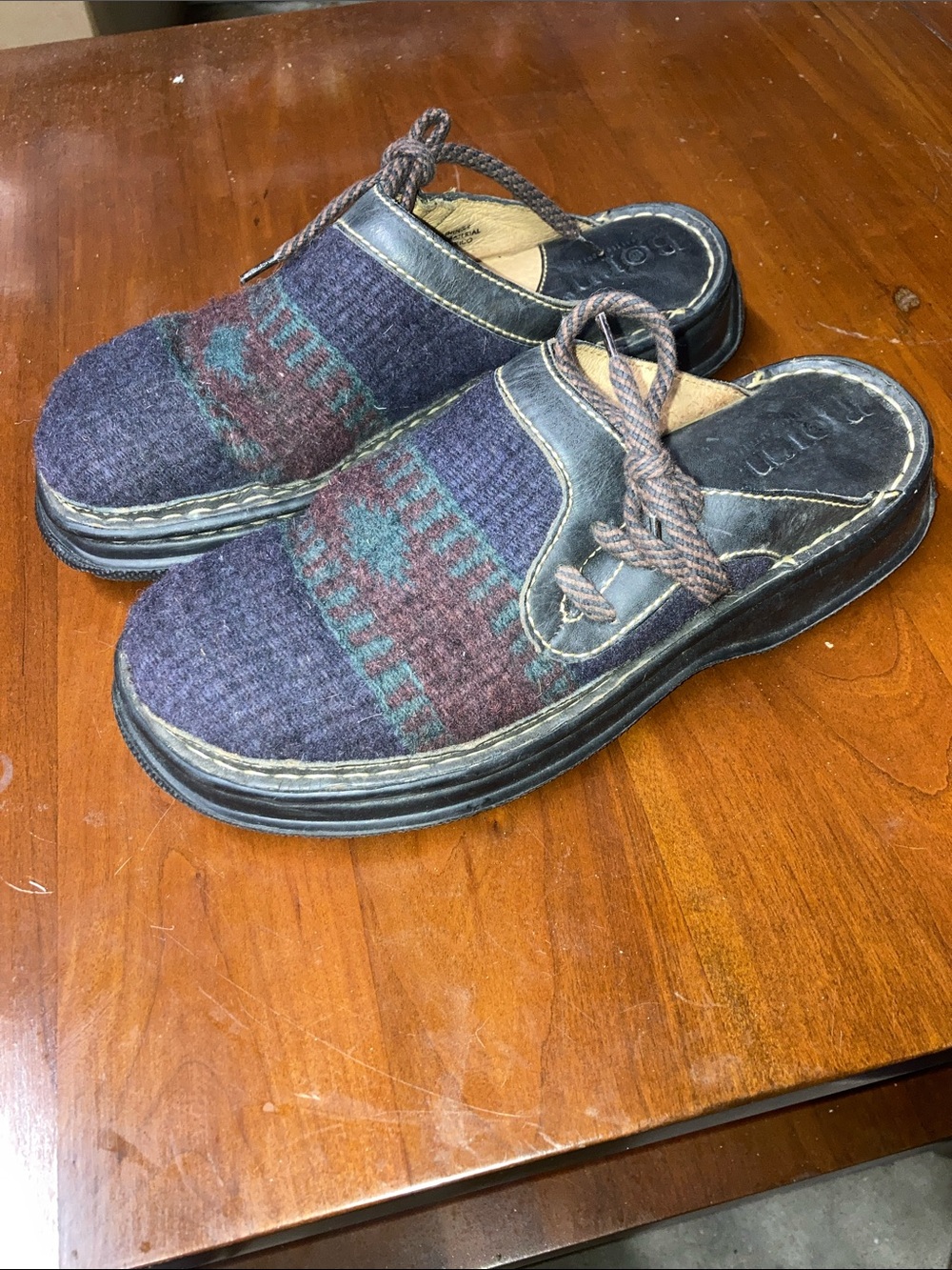 Born Killim Aztec Mules Clogs Leather Wool Blanket Boho *B4981 Hippie Shoes